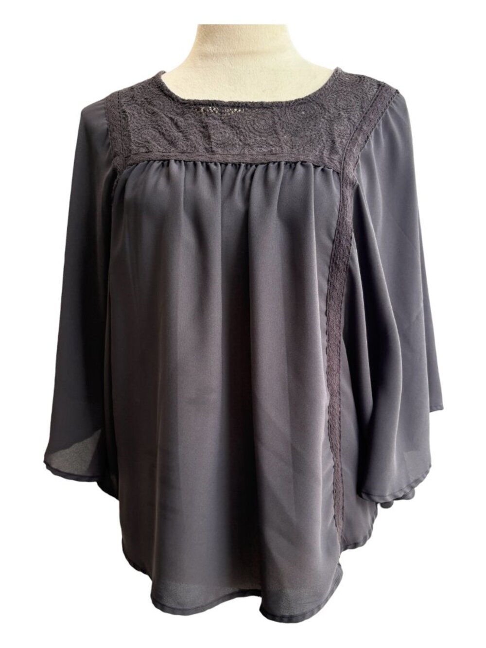 Taylor & Sage Charcoal Gray Crochet Lace Yoke Blouse - Size L (2662-1)